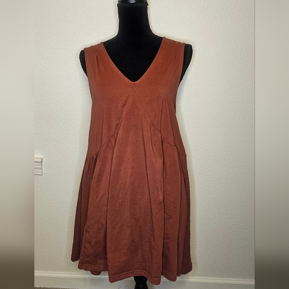 Rust Babydoll Cotton Mini Dress V Neck Size S - Picture 2 of 9